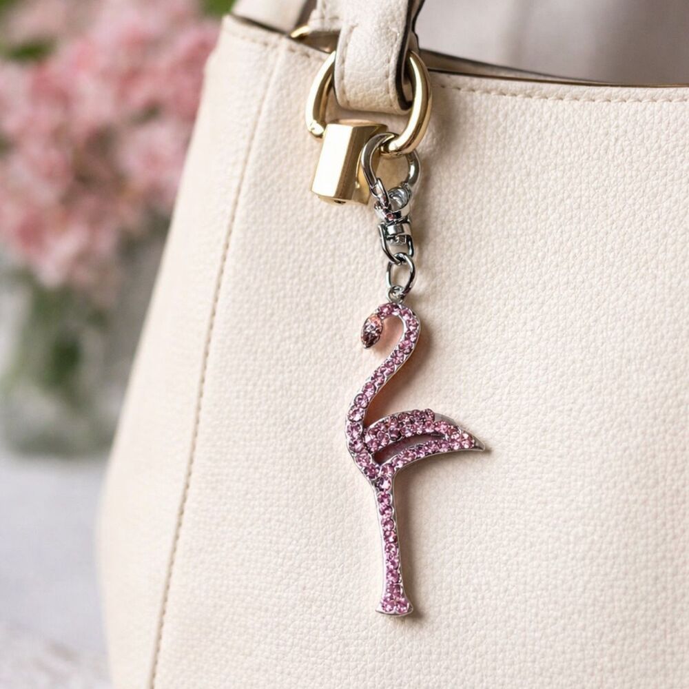 Pink Rhinestone Flamingo Keychain Sparkly Bag Charm Crystal Flamingo Purse Charm
